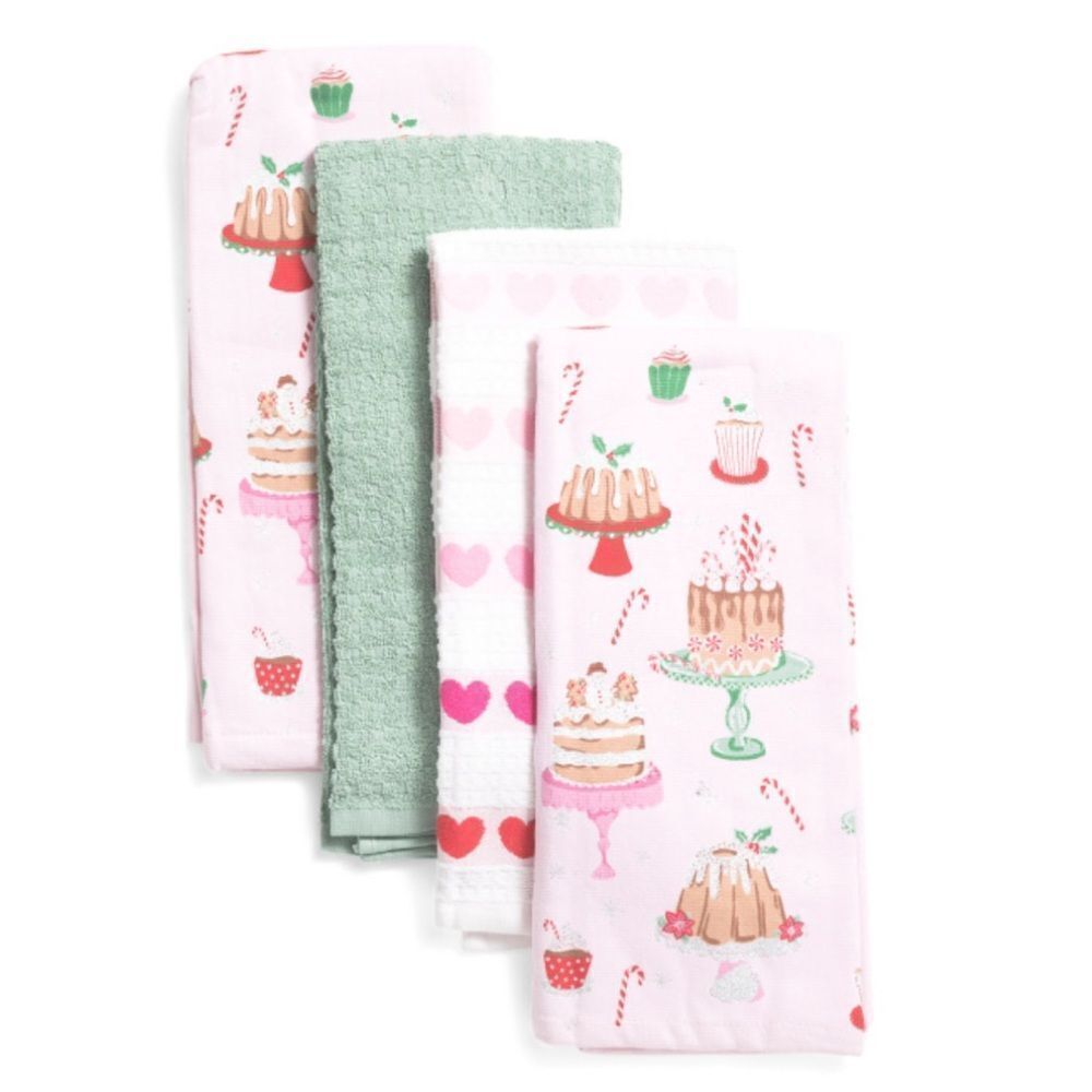 c & c Pink Green White Metallic Silver Cotton Christmas Cakes Tea Towels 4 Pack